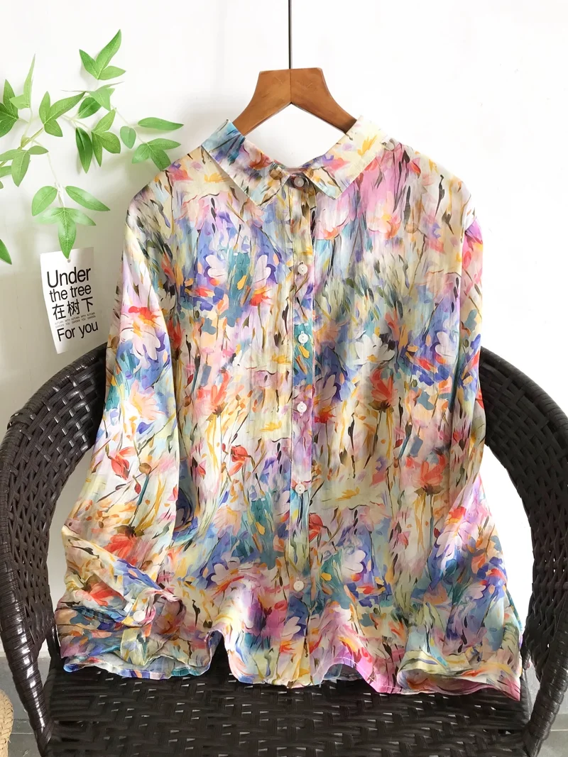 

Ladies 100% Ramie Shirt Top Spring Autumn Long Sleeve Single-Breasted Female Oil Painting Color Flower Print Blouse