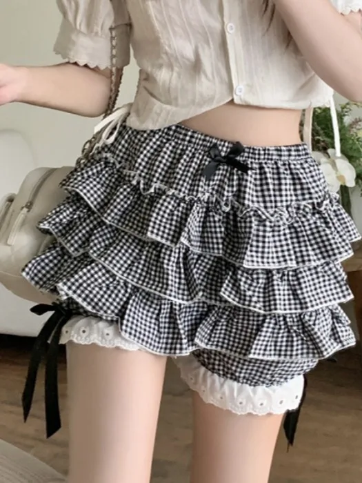 Lolita citrouille ort pantalon femme été Anti-lumière dentelle Plaid gâteau jupe pantalon a-ligne jupe moelleuse taille haute pantalons décontractés