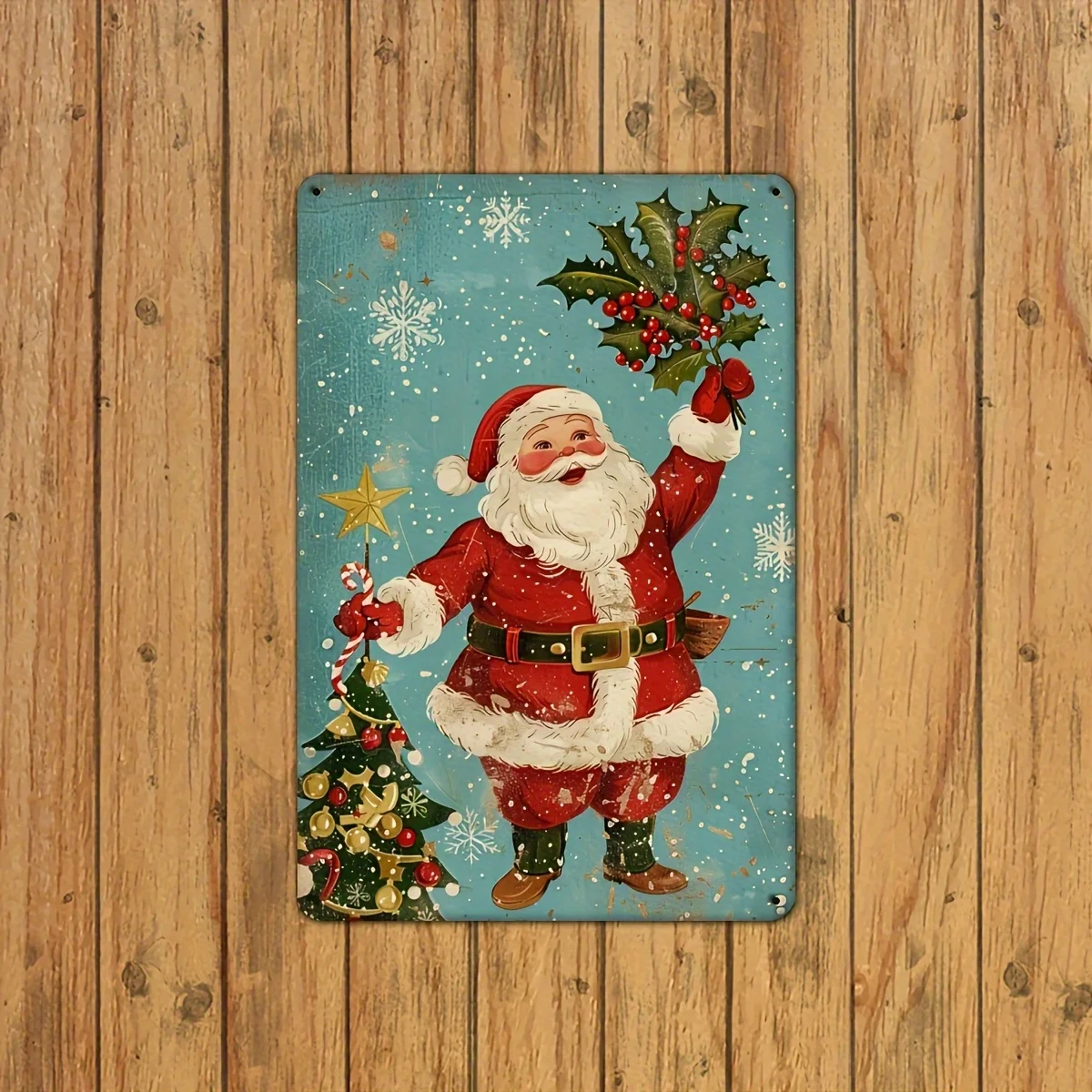 1pc Santa Claus Metal Tin Sign - Vintage-Style Christmas Wall Art with Santa Claus, Holly & Snowflakes, Durable Iron Indoor/Outd