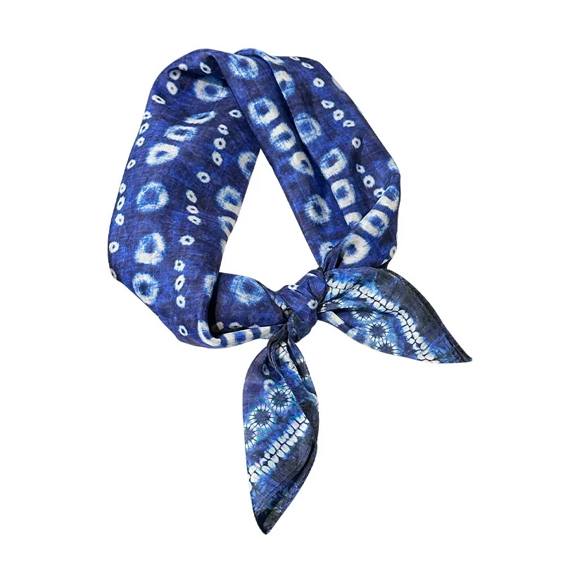 

New Silk Cotton Blue Dot Print Square Scarf Women 70cm Bandana Neckerchief Bag Scarf Kerchief Luxury Versatile Fashion Accessory