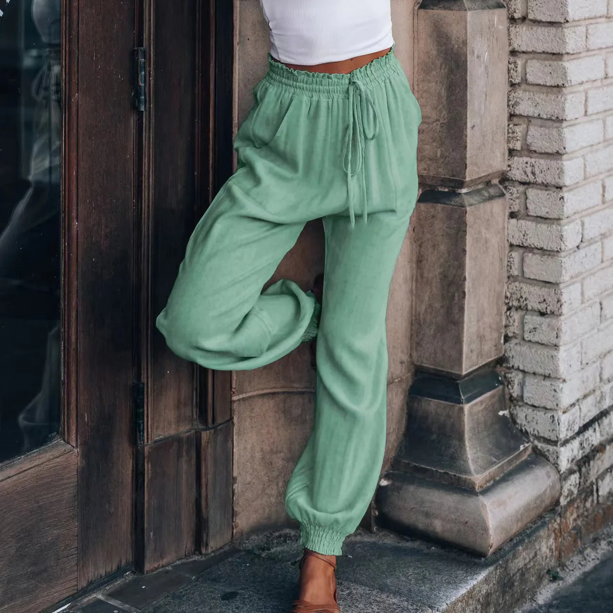 

Spring Summer Women's Solid Color Cotton Comfortable Casual Pants European American Fashion Drawstring Elastic Waist Haren Pants