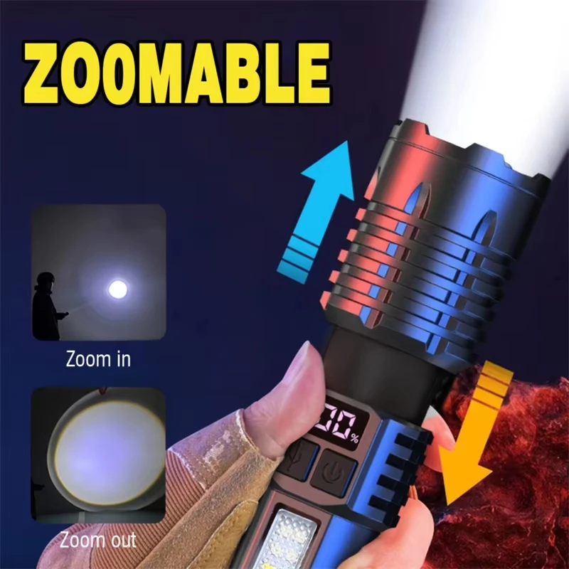 Lampe de poche LED haute puissance, Rechargeable, avec lumière latérale, très brillante, longue portée, pour le Camping et la randonnée en plein air