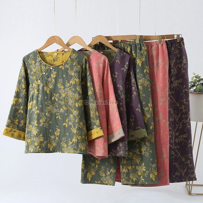 2024 pure cotton yarn-dyed jacquard double layer yarn chinese ancient elegant style pajamas printed women's daily home wear w459