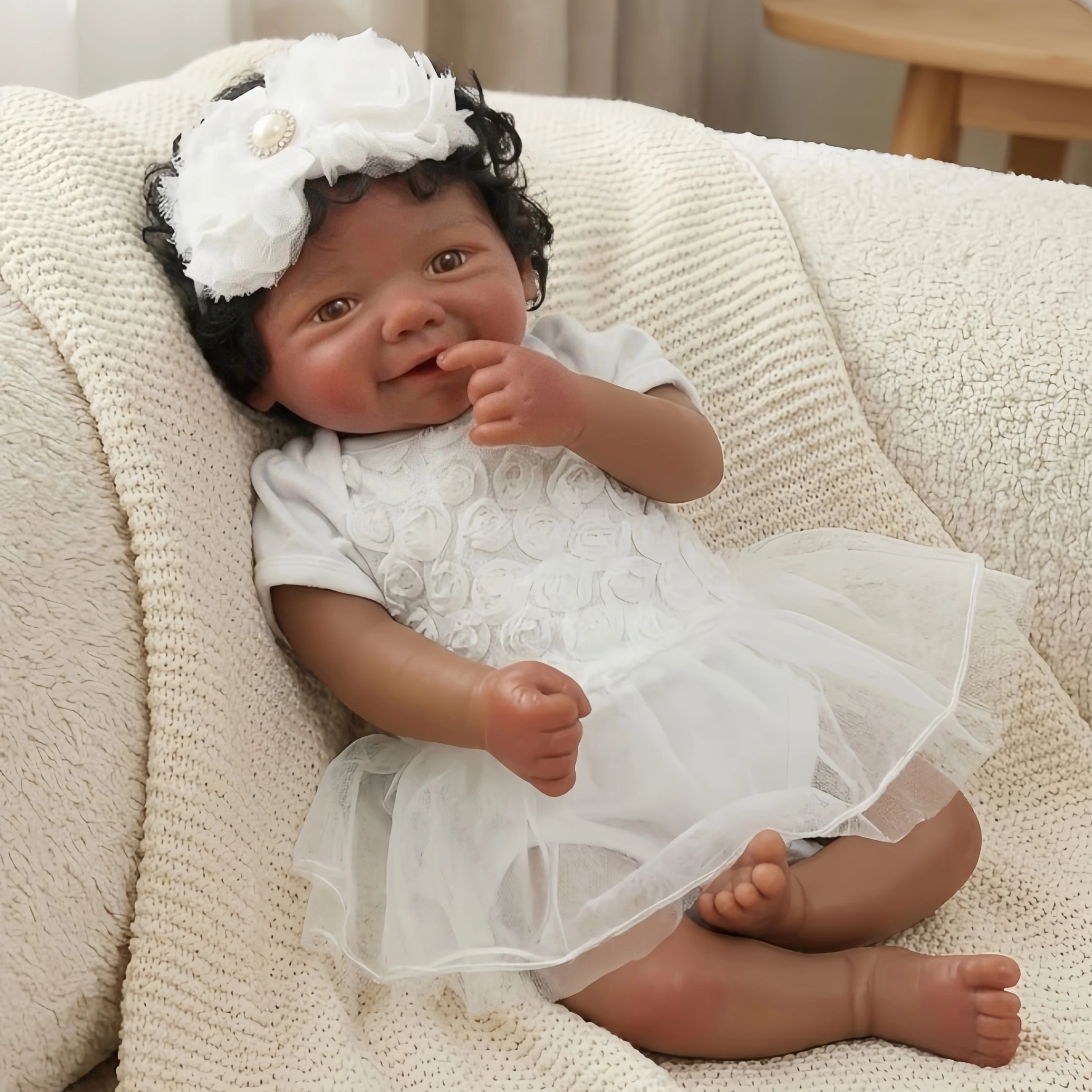 42cm Open Mouth & Rooted Hair Soft Silicone Reborn Girl Doll Vivienne, Dark Skin 3D Crafted Lifelike bebe reborn de silicona