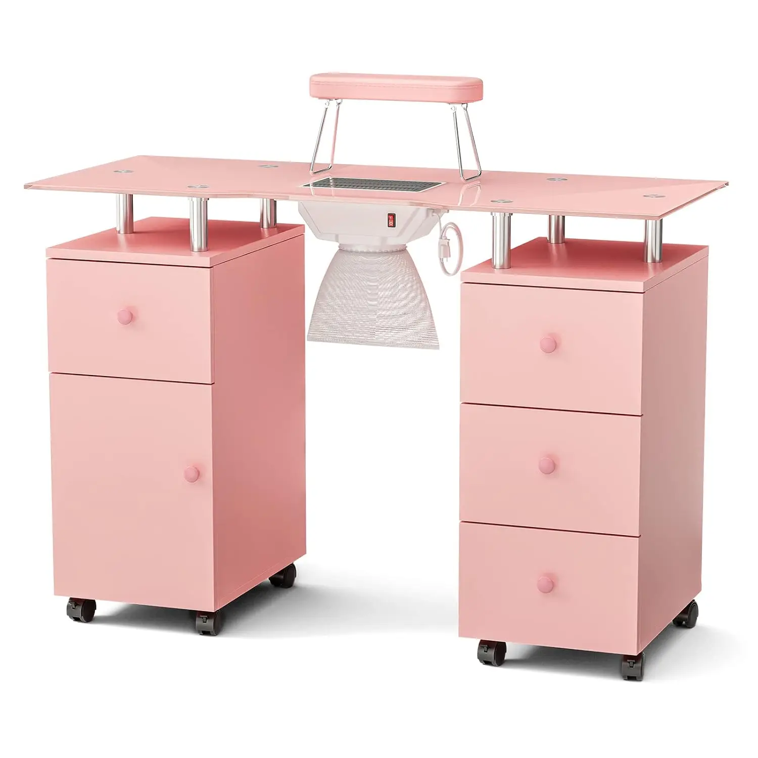 Paddie Manicure Table, Pink, Nail Station with Electric Downdraft Vent, Foldable Nail Arm Rest, Lockable Wheels,Spacious Storage