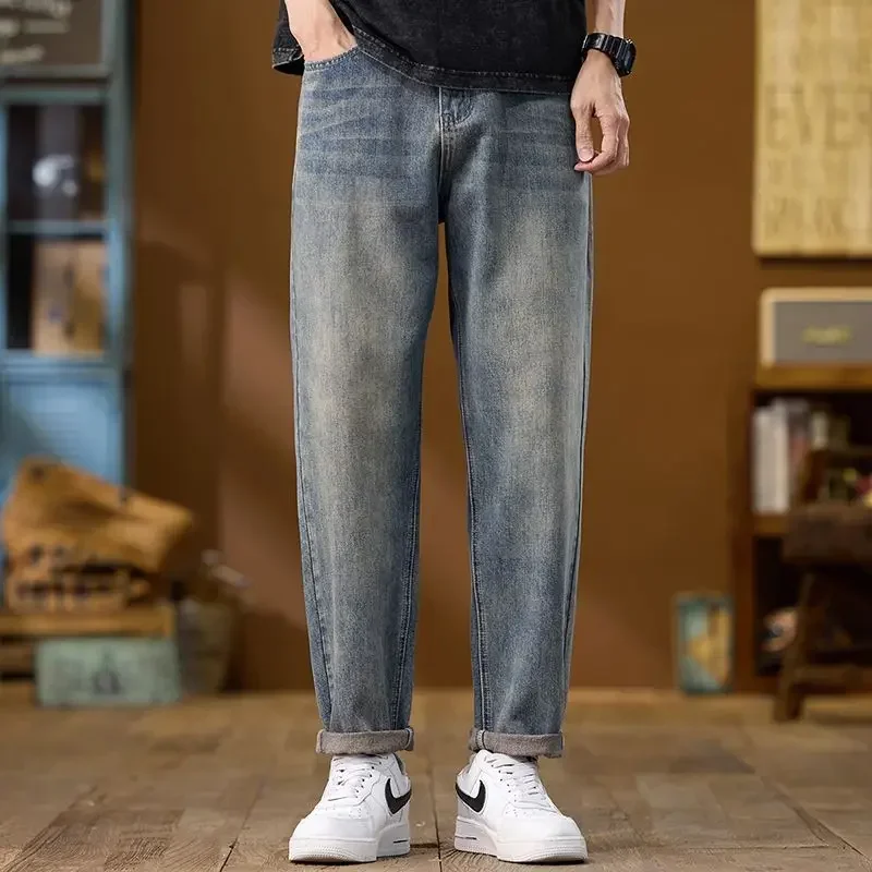 Neue Vintage-Jeans für Herren, schmale Passform, bestickt, gerade, trendige Denim-Hose, hohe Taille, elastische Taille, atmungsaktive Herren-Baggy-Hose