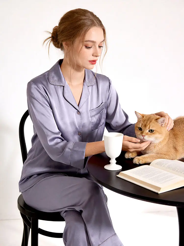 100% Mulberry Silk Women Pajamas Set Lapel Long Sleeve Trousers Sleepwear Solid Color Spring Household Clothes Loungewear Pajama