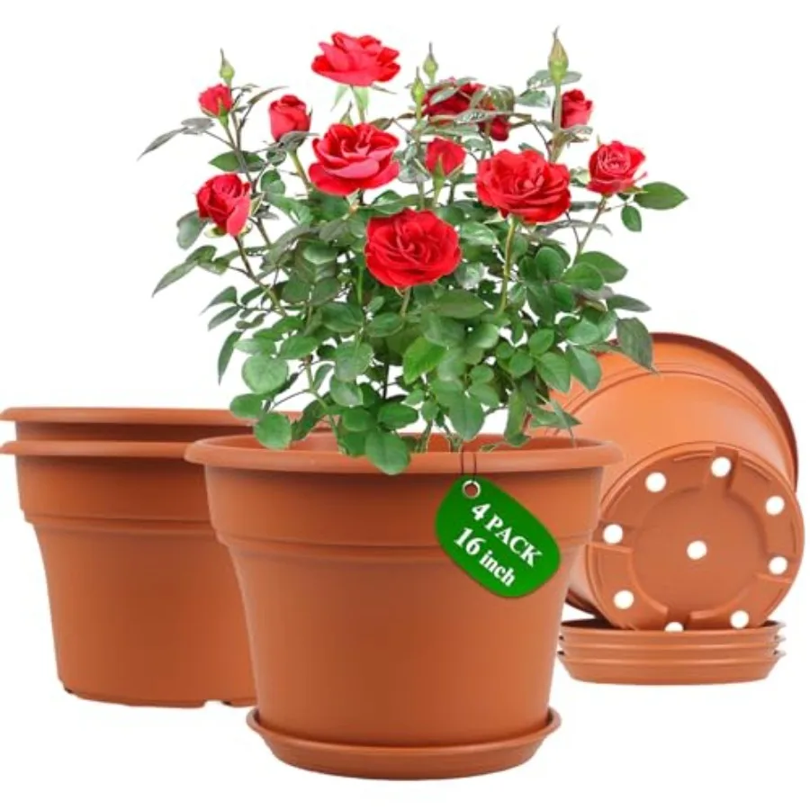 16 inch indoor plastic flower pot for plants, 4 pack large outdoor planter with drainage holes saucers, resin decorative garden