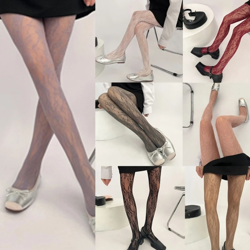 Women Jacquard Patterned Fishnet Tights Hollowed Sheer Mesh Pantyhose