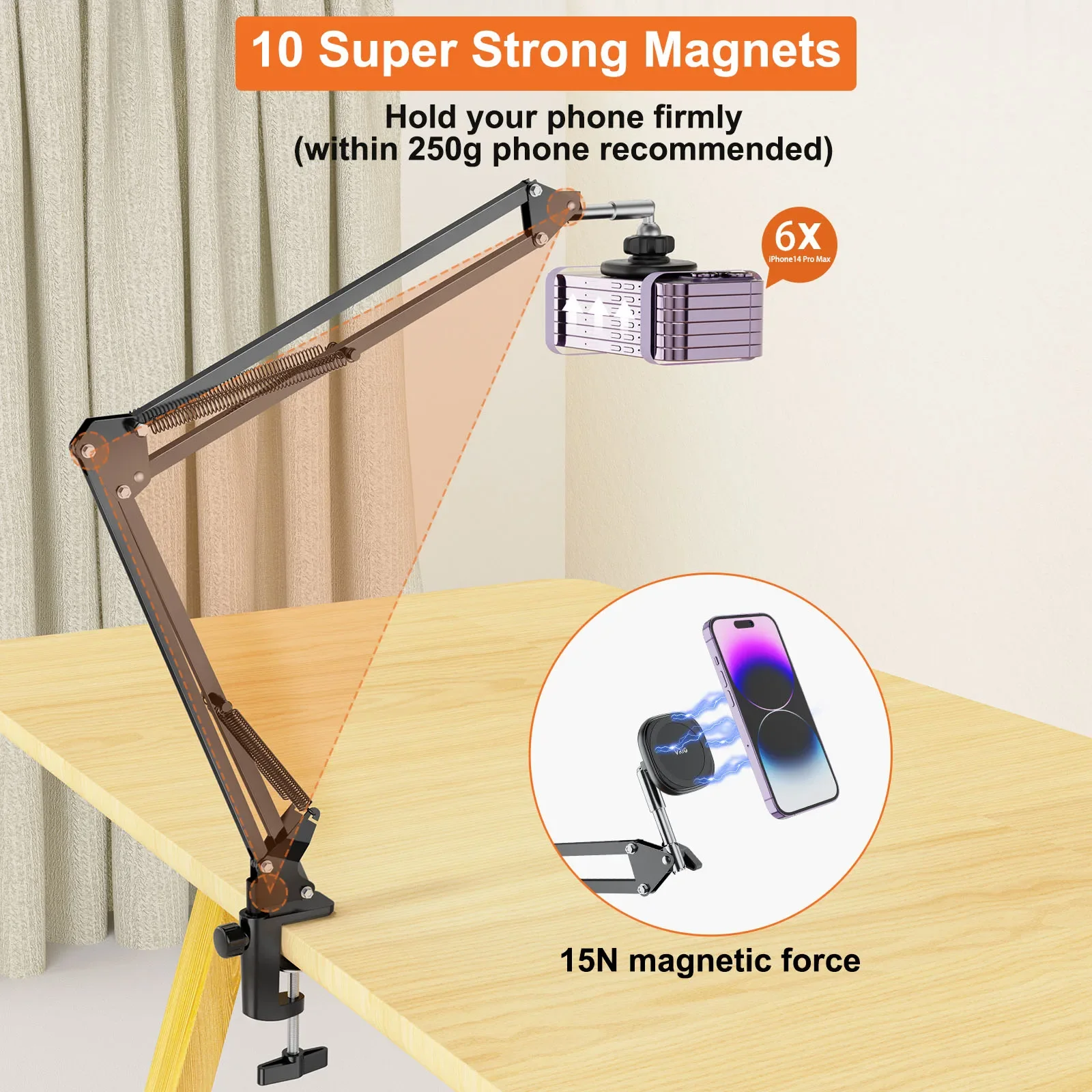 UURIG VRig MG-09 Magnetic Phone Holder Mount for Desk Overhead Mount MagSafe Articulating Arm for Desk/Bed 360 Free Adjustable