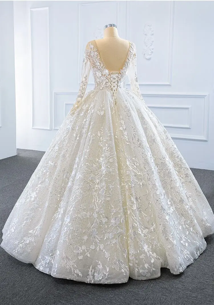 Ayicuthia wunderschöne Applikationen Kapelle Spitze Ballkleid Brautkleid sexy U-Ausschnitt Langarm Perlen Prinzessin Brautkleid