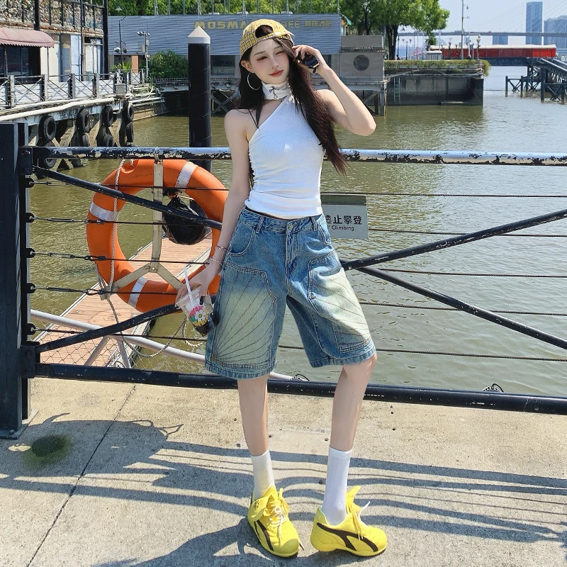 High Waist Blue Retro Washed Denim Shorts Women Summer Fashion Casual Loose Y2K Wide Leg Shorts Pants