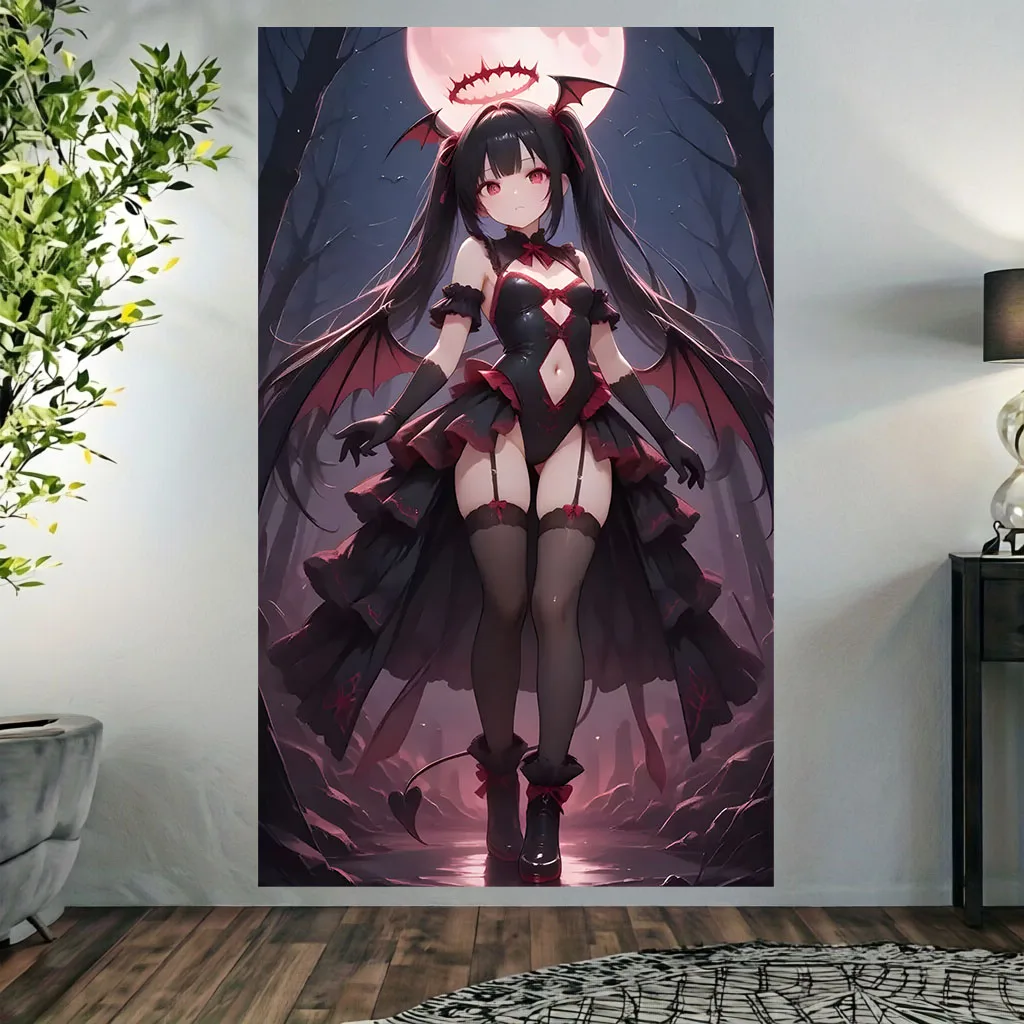 Dark Lolita Teufel-Mädchen Wandteppich Pastell Grunge Ästhetik Wohnheim Schlafzimmer Livestream Hintergrundstoff Dunkle Niedliche Raumdekoration