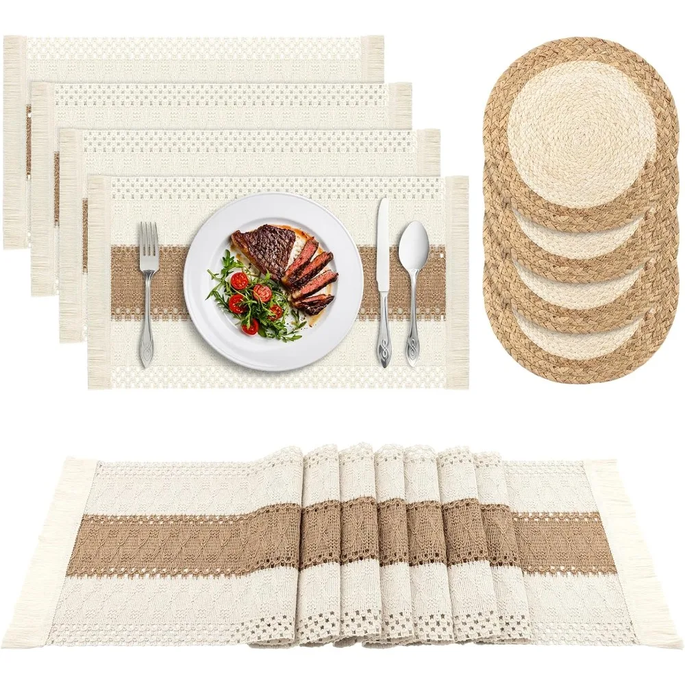 Juego de 4 manteles individuales tejidos redondos hechos a mano con diseño de arpillera y camino de mesa de 72 pulgadas