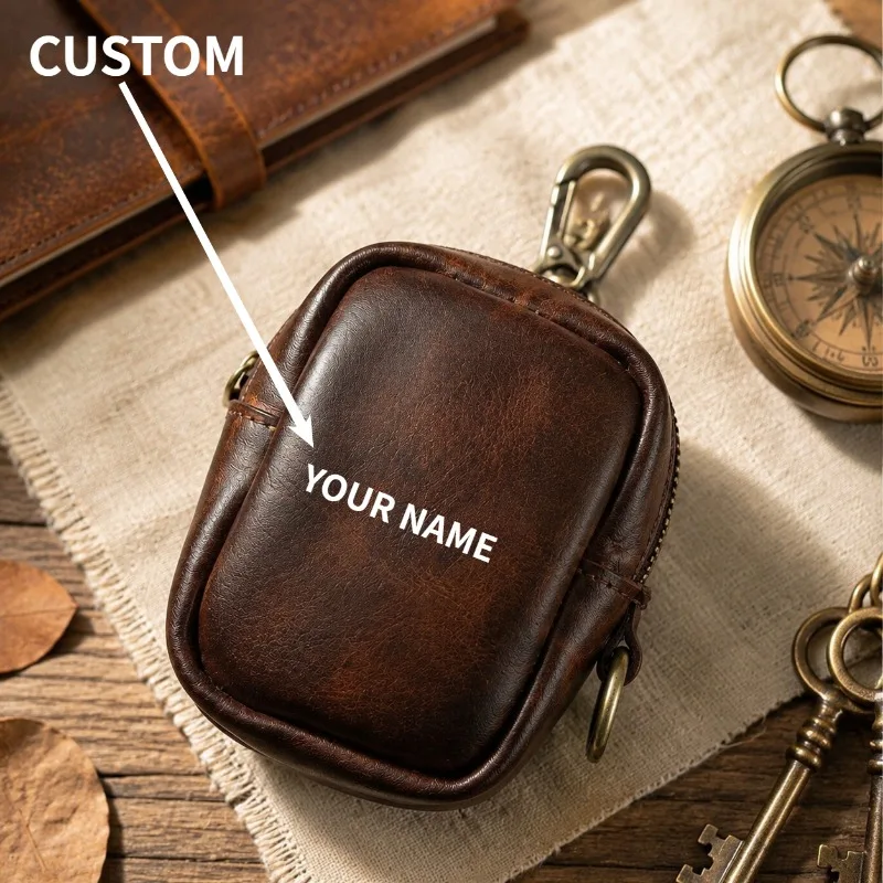 Genuine Leather Key Pouch Keychain Vintage Vegetable Tanned Leather Key Holder Coin Purse Multi-functional Custom Engraved