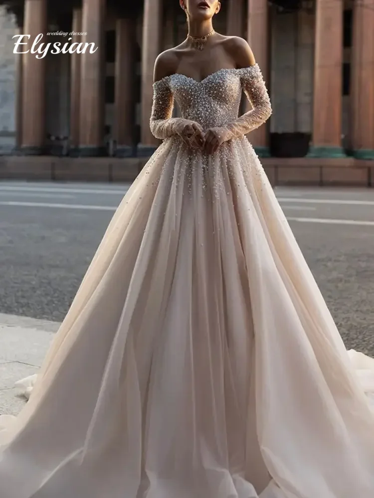 

Customized Charming Off-The-Shoulder Bridal Dresses Elegant A-Line Wedding Dresses Charming Floor-length Dress Vestidos De Novia