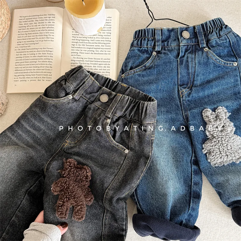 2026 Winter Kids Clothing Korean Style Fleece Lined Jeans for Children Girls Boys Toddler Warm Cotton Pants Denim Trousers
