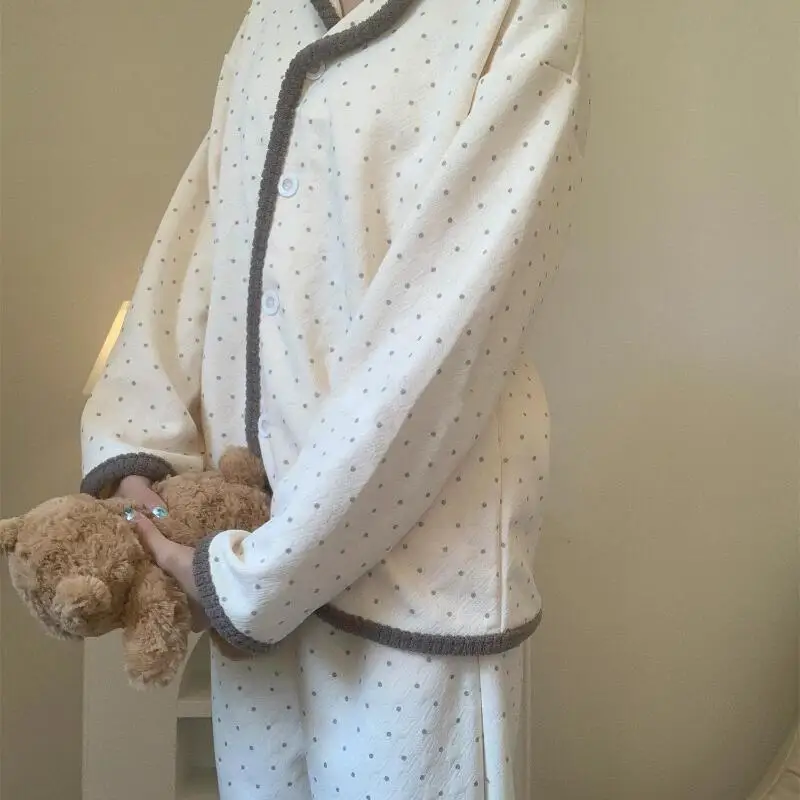 

Женская домашняя одежда с длинными рукавами, комплект домашней одежды, пижамы из кораллового флиса для девочек, мягкая ночная рубашка на утолщенной волнистой молнии в горошек на флисовой подкладке