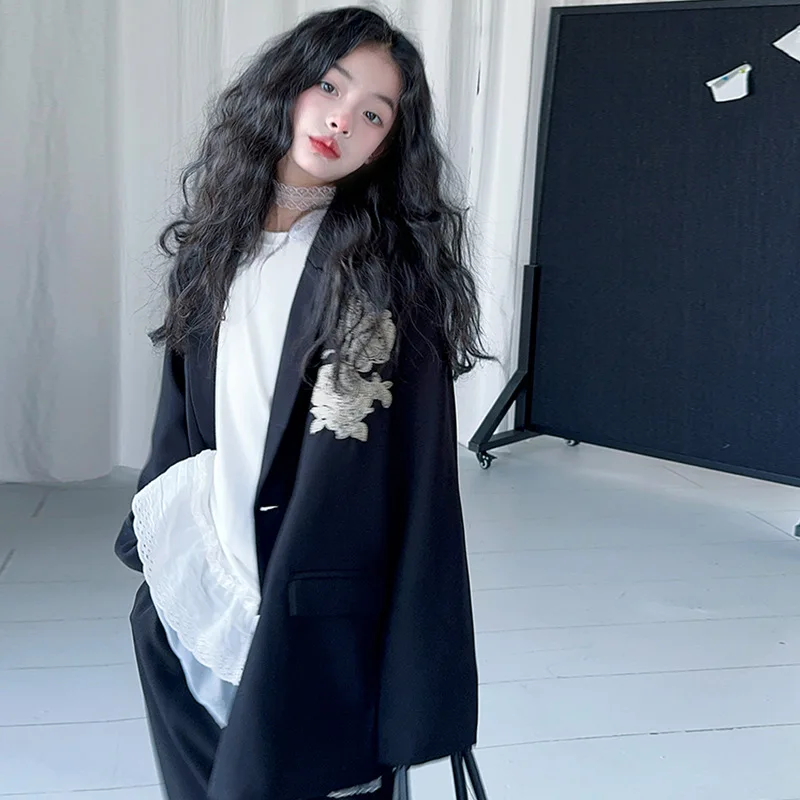 

Children Girls Autumn 3pcs Suits Lace Patchwork Undershirt+Embroidery Single-breasted Coat+Wide Leg Pant Kids Girls Outfit