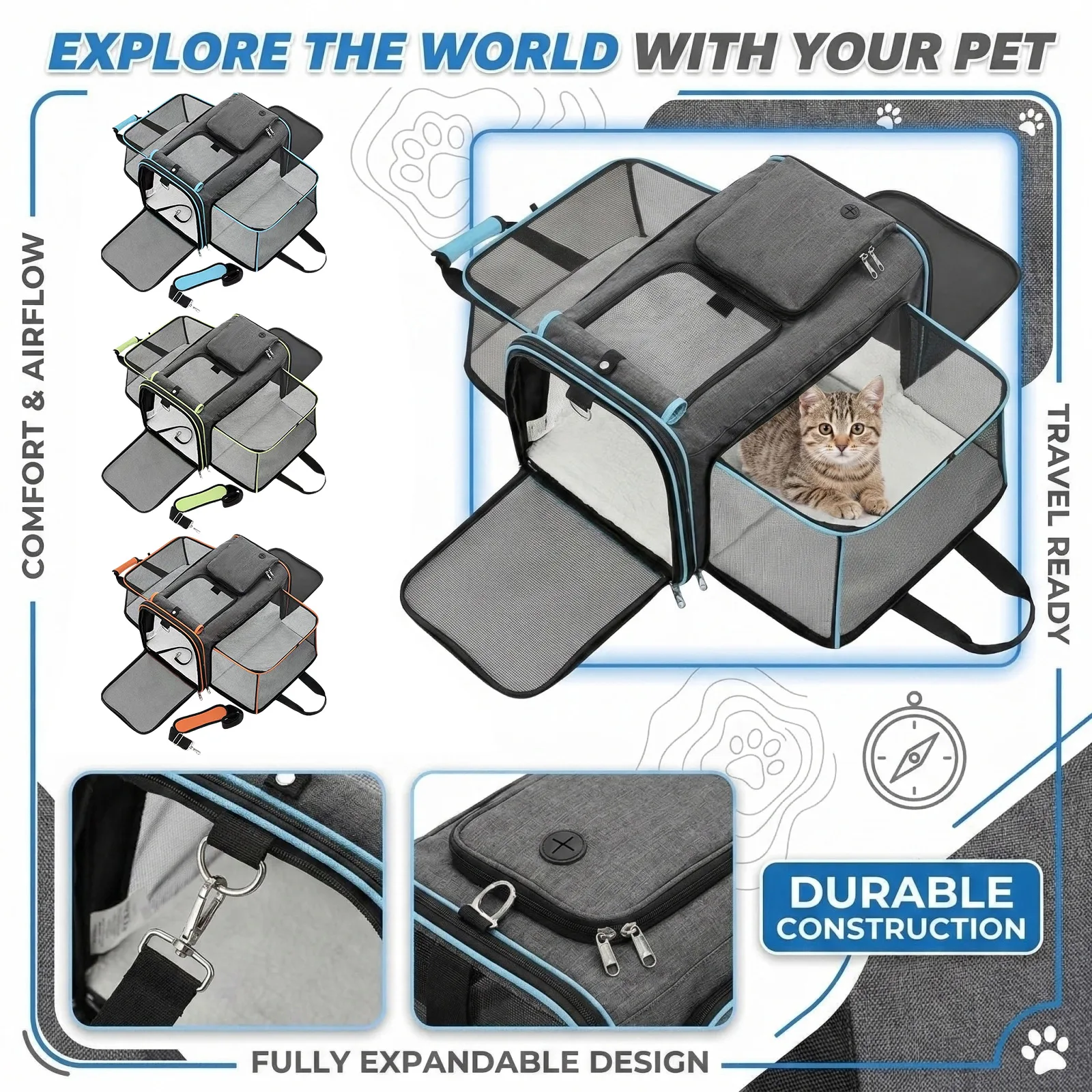 

Expandable Pet Carrier For Cats And Small Dogs, Airline Approved Travel Bag With Breathable Mesh, Portable Handbag With Luggage
