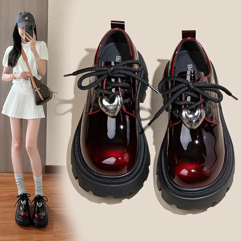 Retro British style women's shoes 2026 lace up thick soled high heels fashionable loafers