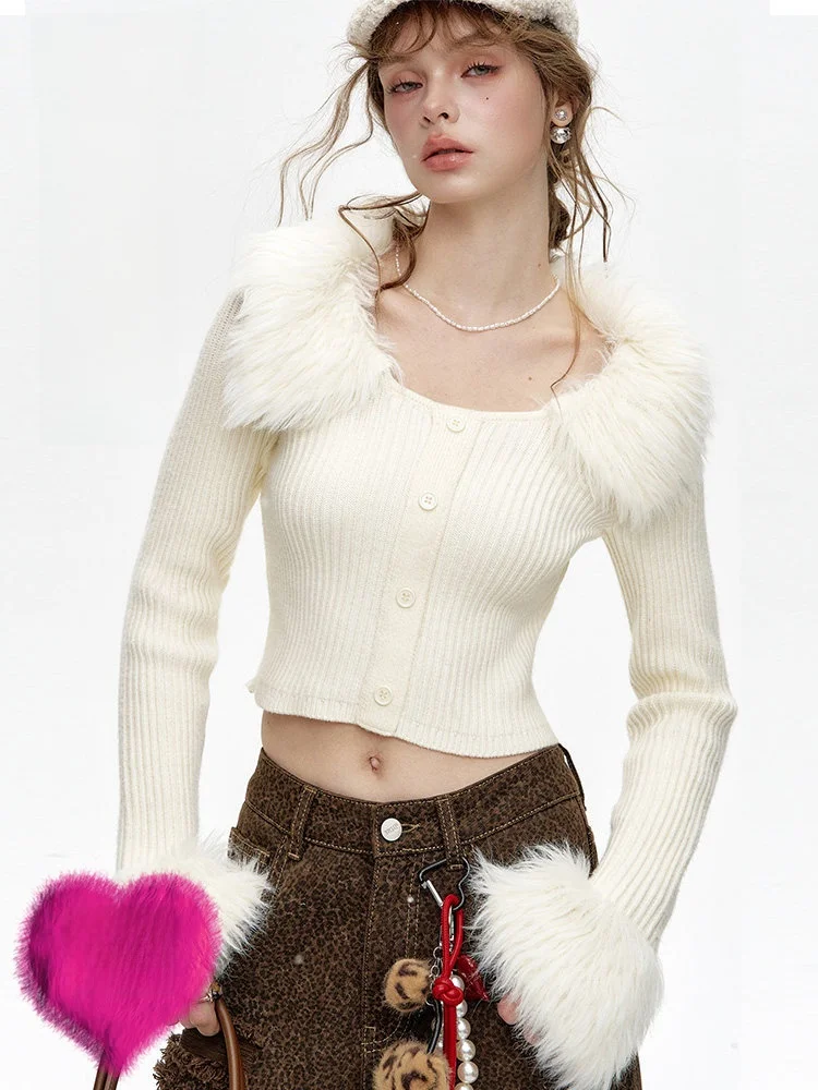 

Зимний вязаный свитер-накидка для женщин с вставками из искусственного меха, длинный рукав, новогодний праздничный халат из полиэфирного волокна