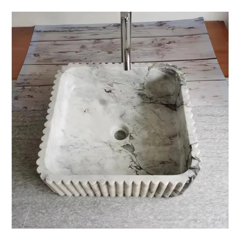

White Marble Sink Basin Stone Vanity Bathroom Cabinet Square Bowl Bath Vanities Lavatory Sinks Hotel Villa Fluted New Design