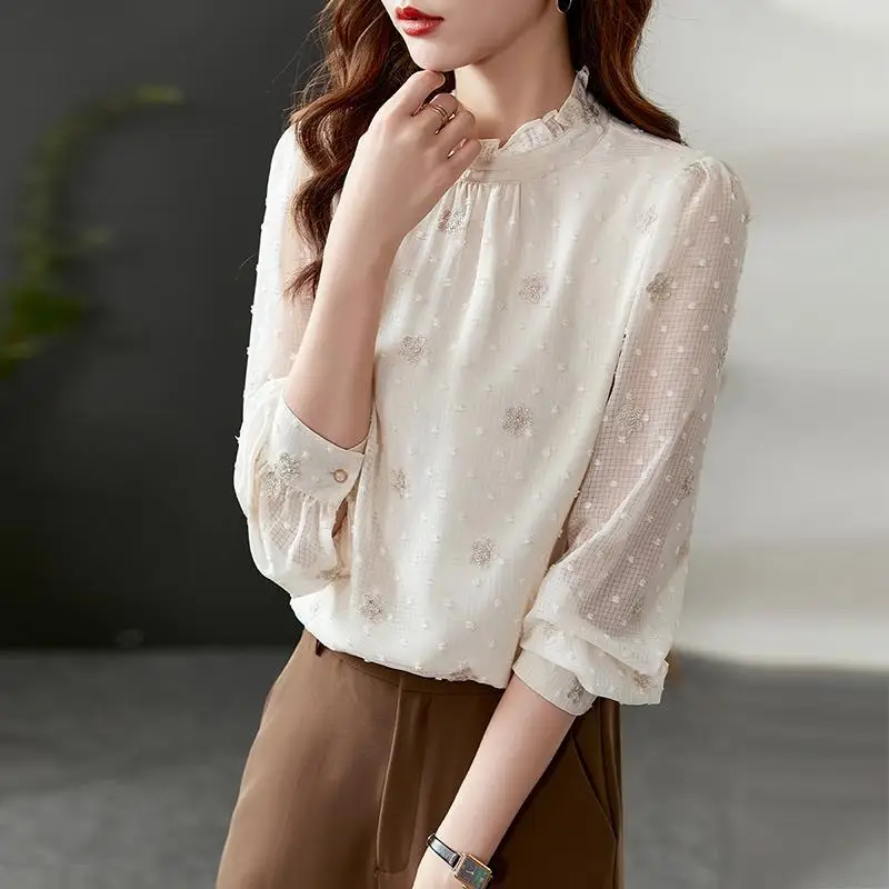 Female Clothing Casual Solid Color Blouse Stylish Dot Floral 2024 Spring Autumn Commute Ruffles Stand Collar Korean Button Shirt