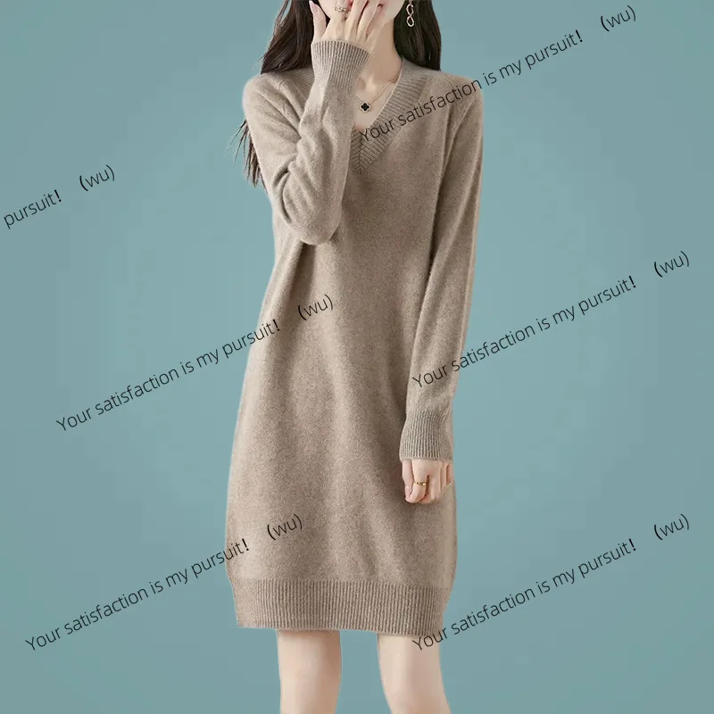 

Осенне-зимнее новое вязаное платье-свитер с v-образным вырезом, женское модное свободное среднее и длинное платье