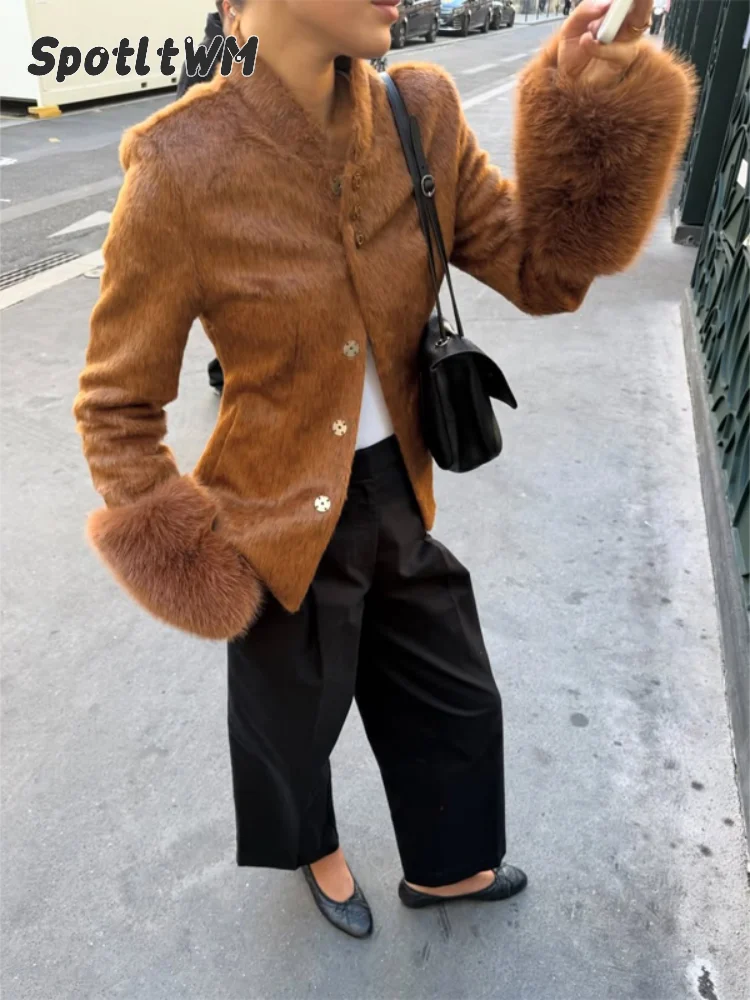Vintage Women Brown Faux Fur Trim Jacket Women Stand Collar Button Front Fluffy Cuff Slim Elegant Lady Commute Fall Outerwear