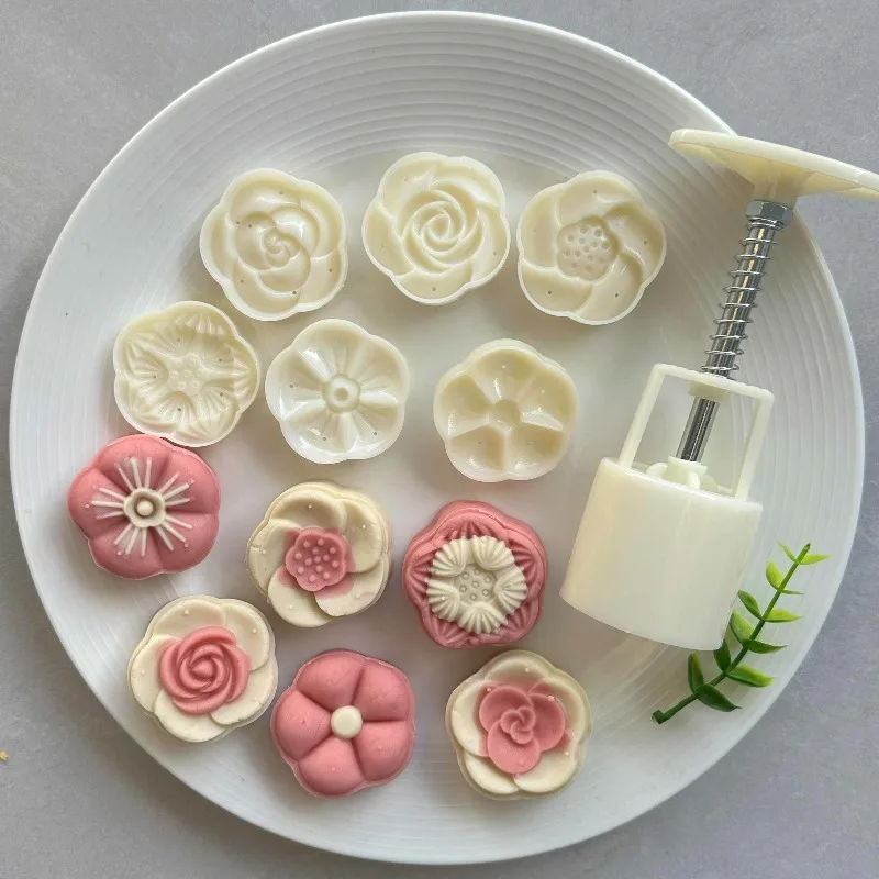 Pastry Decoration Plunger Tools Mid-Autumn Festival Mooncake Mold Hand-Pressure Cookie Stamps with Floral Sakura Patterns