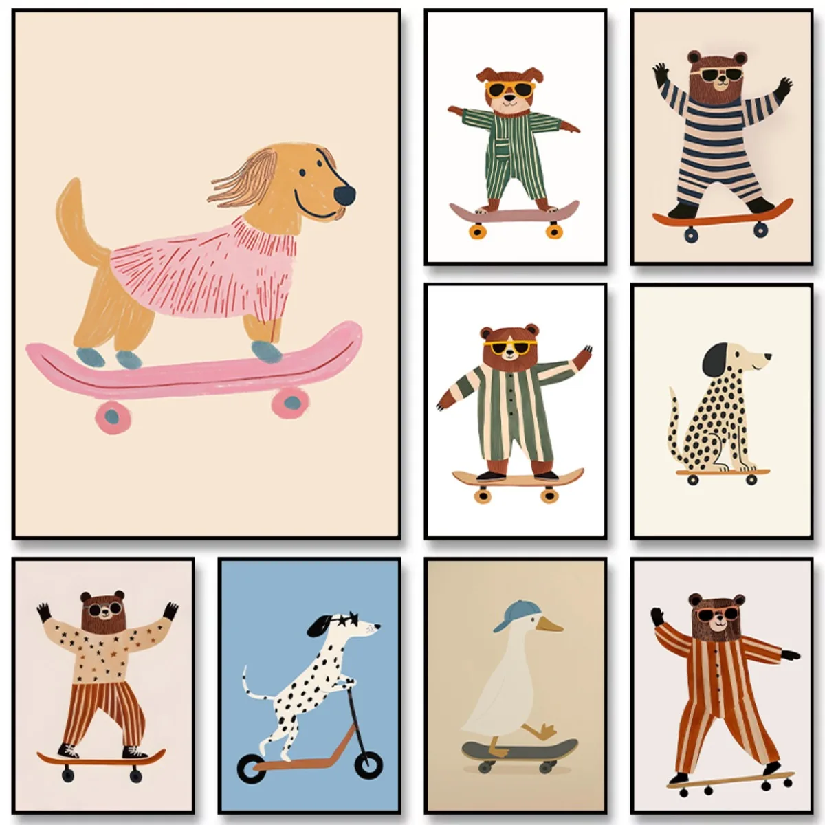 Lindo monopatín perro salchicha impresiones en lienzo cartel de dibujos animados divertidos animales arte impresiones dormitorio guardería pared arte decoración del hogar cartel