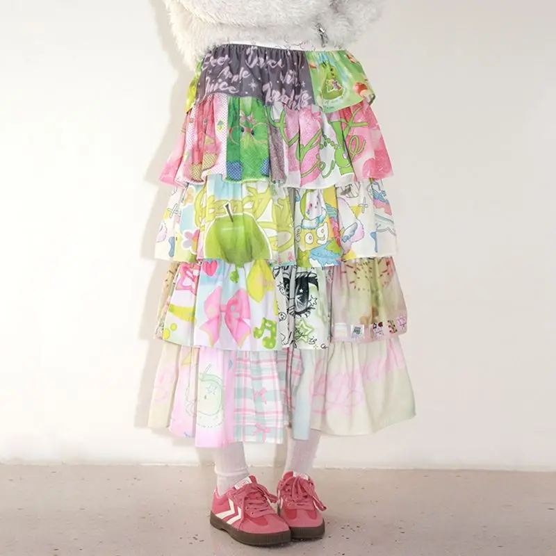 Womens Vintage Kawaii Korean Y2K Cartoon Print Tiered Maxi Skirt Party Birthday High Waist A-Line Multi-Layer Ruffle Long Skirts