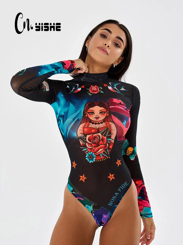 CNYISHE Y2K Cartoon Printed Sheath Sexy Club Women Bodysuits Long Sleev Half High Collar Jumpsuits Fashion Female Rompers Tops