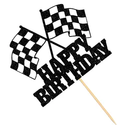 Glitter Race Car Cake Topper with Checkered Flag , Racing Theme Birthday Party Decoration Supplies