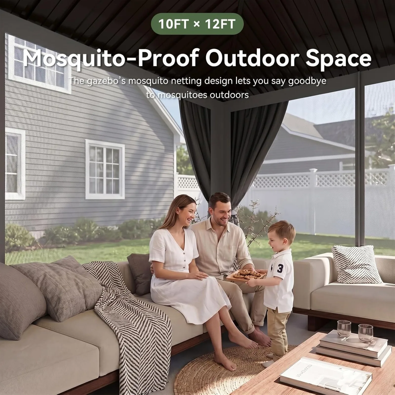 Hardtop Gazebo with Double Galvanized Steel Roof, Gray | Metal Frame Outdoor Pavilion with Breathable Netting and Privacy Curtain for Backyard view 3