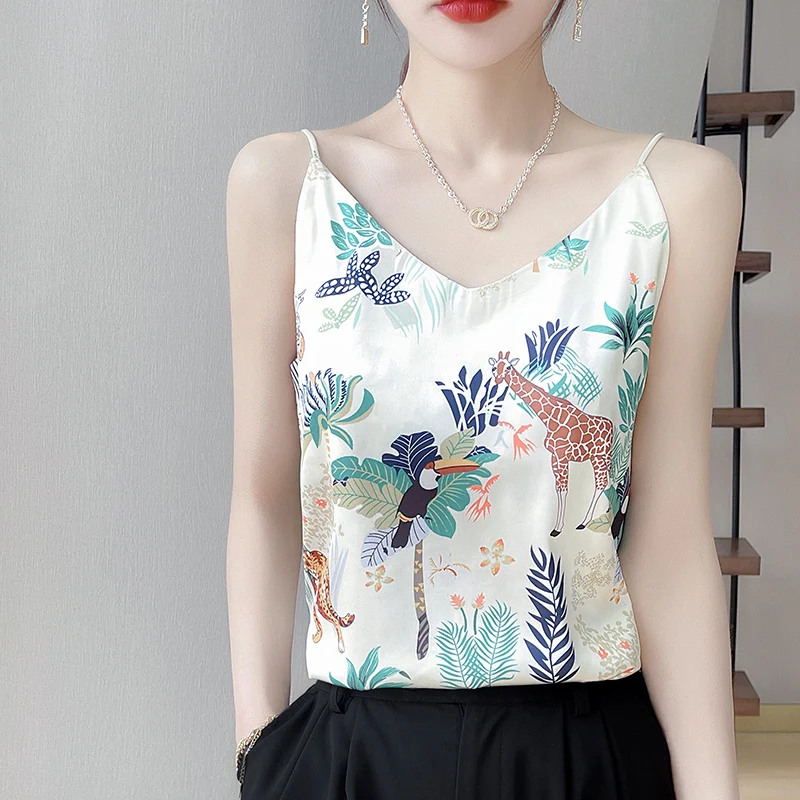 Spring And Summer New Ethnic Style Women's Sexy Thin Shoulder Strap Vest Section Silk V-Neck Refreshing Silky Delicate Top