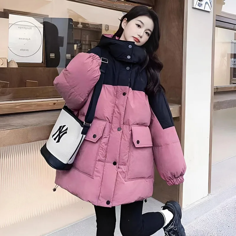 

2025 New Women's clothing Hooded Down Jacket Winter Casual Commuter Loose Puffer Coat Color Block College Style Fashion coat