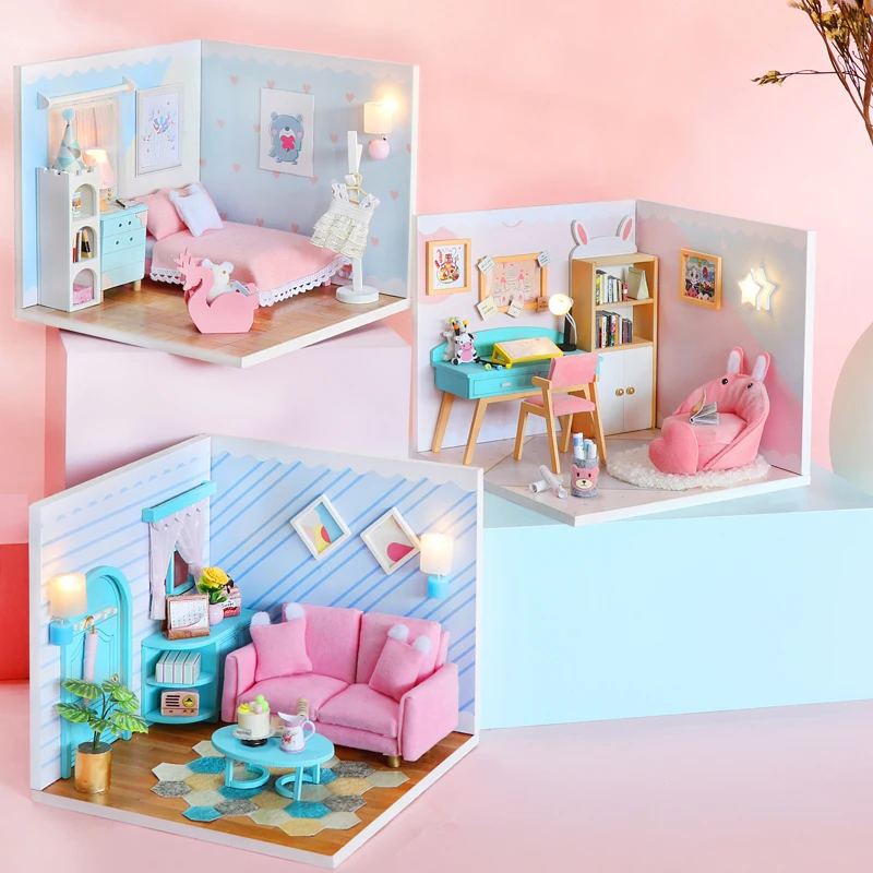 Wooden Mini Scene Diy Doll House Wooden Casa Doll Houses Miniature Dollhouse Furniture Kit With Led Lights Toy For Children Gift