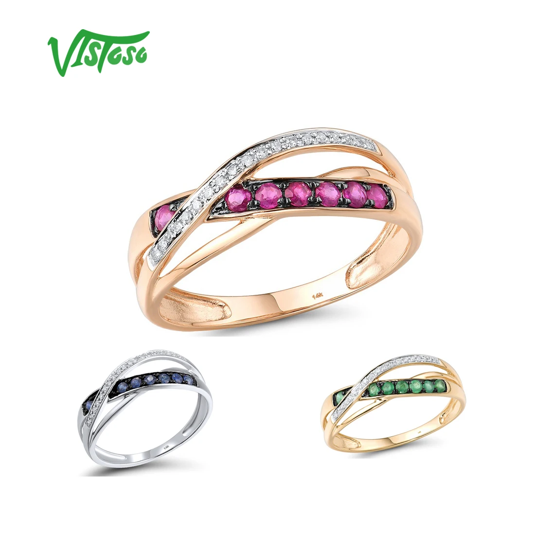 VISTOSO Gold Rings For Women Genuine 14K 585 Yellow/Rose Gold Diamond Emerald Ruby Blue Sapphire Wedding Engagement Fine Jewelry