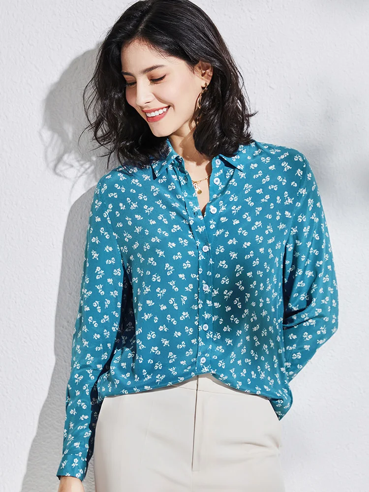 SuyaDream,Women Floral Shirts, 100%Silk Crepe De Chine, Printed Long Sleeved Elegant Blouses, 2024 Spring Summer Blue Top