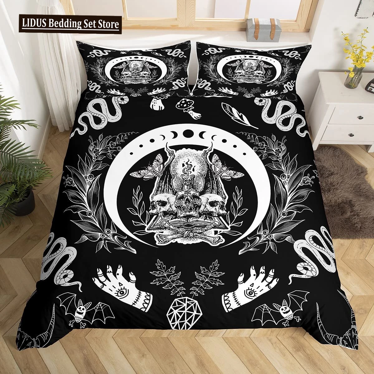 Death Moth Duvet Cover Set Skull Bedding Set Snake Mandala Moon Phase Comforter Cover Trippy Skeleton Quilt Cover Set Queen Size