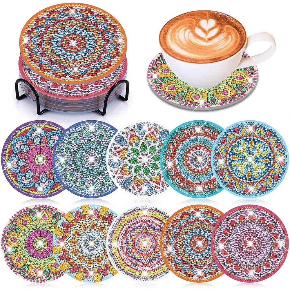 

10pcs DIY Mandala Diamond Painting Coasters Kit with Holder Fun Crafts Diamond Art Kits for Beginners Gift for Family & Friends