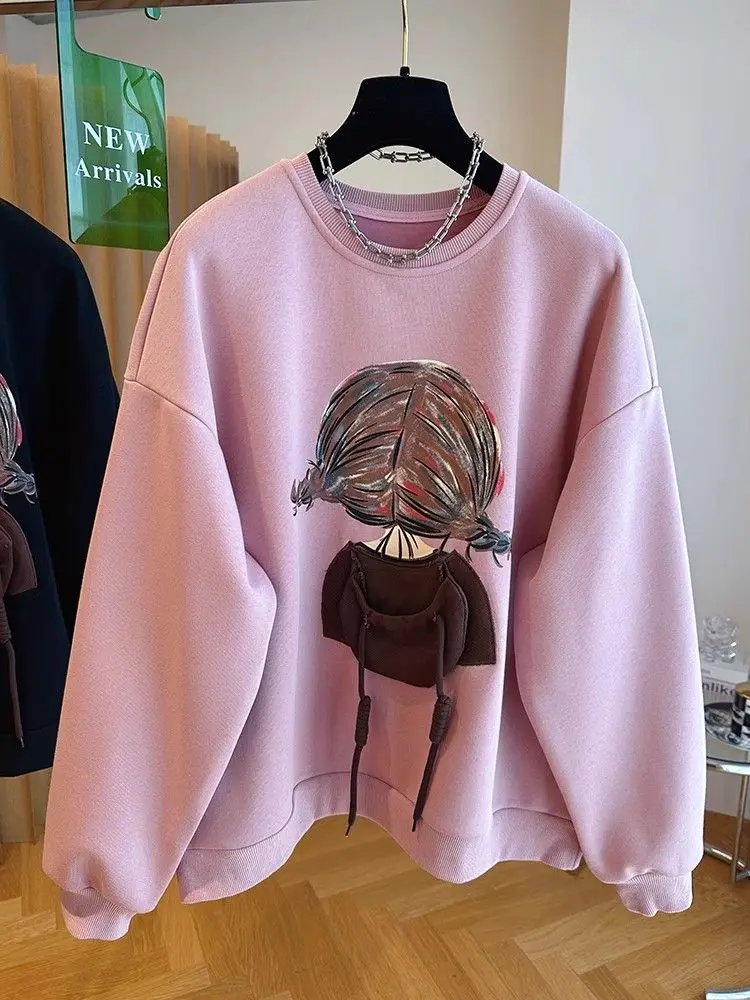 European Three-dimensional Hat Pocket Girl's Printed Thickened Plush Sweater for Autumn and Winter Loose Fitting Round Neck Stud