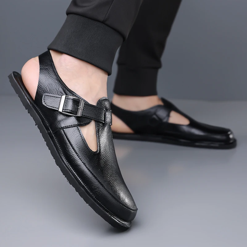 

Summer Retro Leather Slingback Clogs Large 38-48 Outdoor Flat Casual ShoesMens Closed Toe Slingback Leather Sandals with Buckle