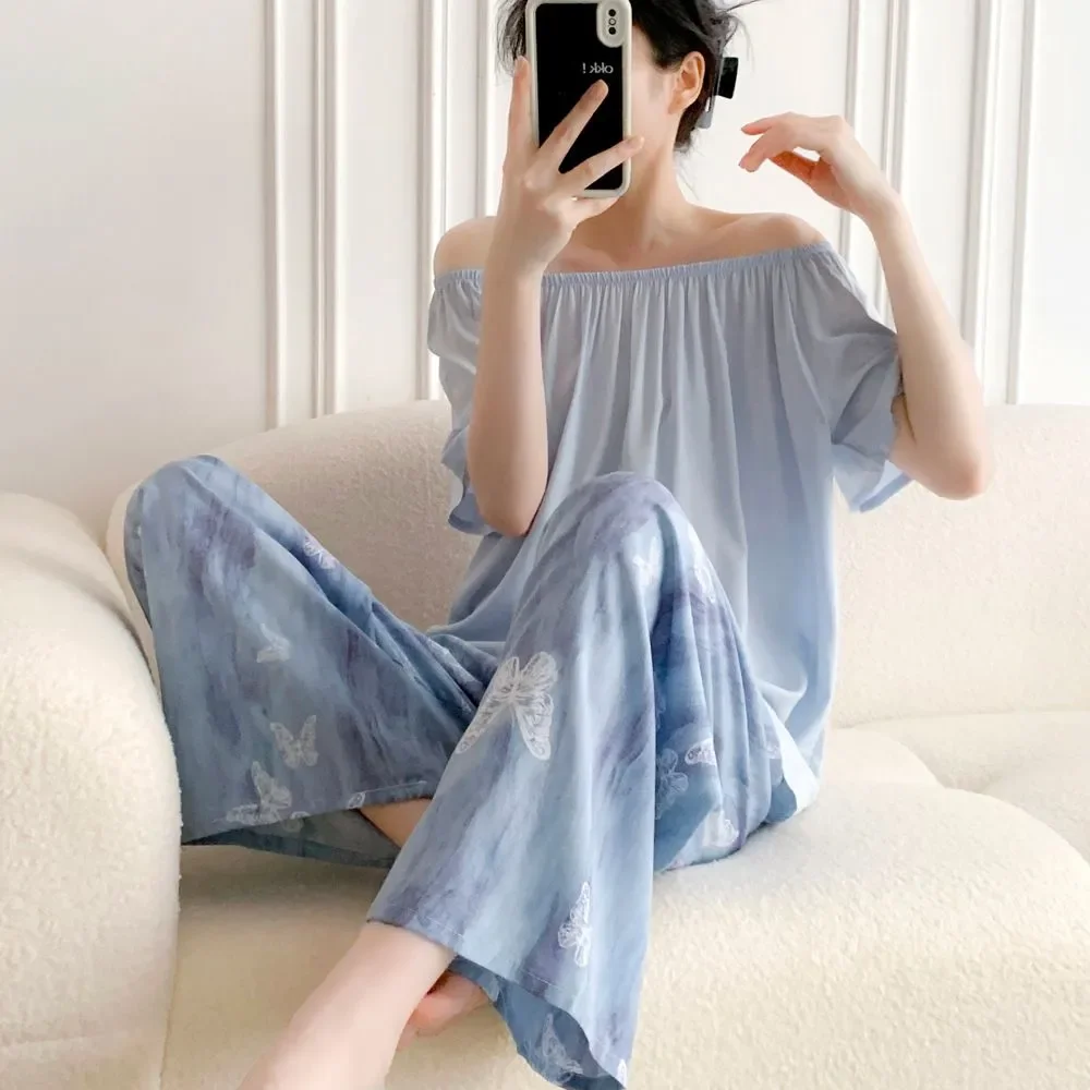 

Off Shoulder Short Sleeve Wide Leg Pants Set Women Summer Plus Size Loungewear Pajamas Casual Wearable Outdoor Homewear Suit