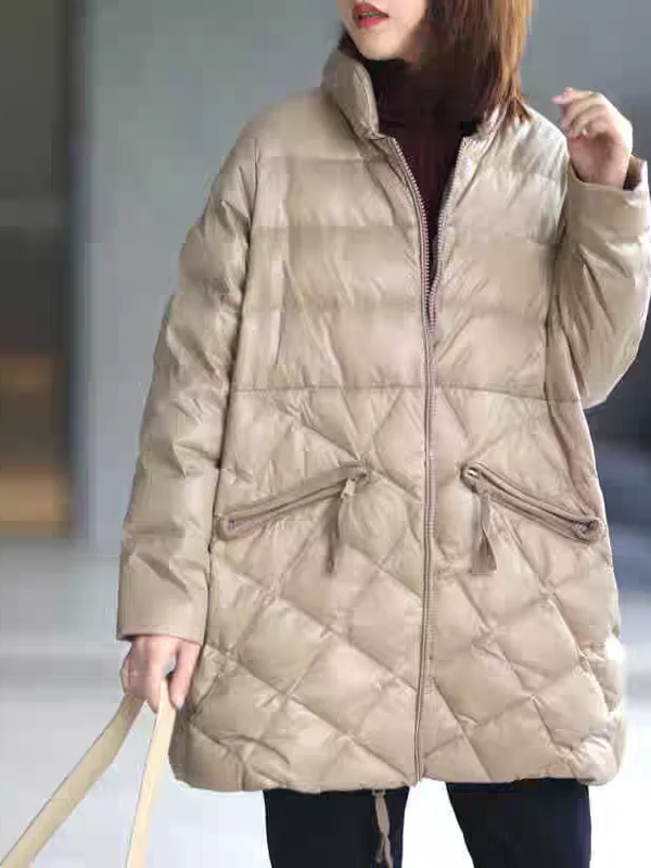 

Loose Korean Sle Cotton Jaet Quilted Pattern Mid-Length Fake down Stand Collar Winter Outerwear Faionable Commute Wear