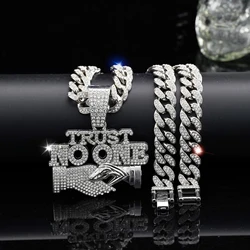 Men's Letter TRUST NO ONE Pendant Necklace, Hip Hop Style Rhinestone Necklace Suitable For Party Or Back-To-School Season