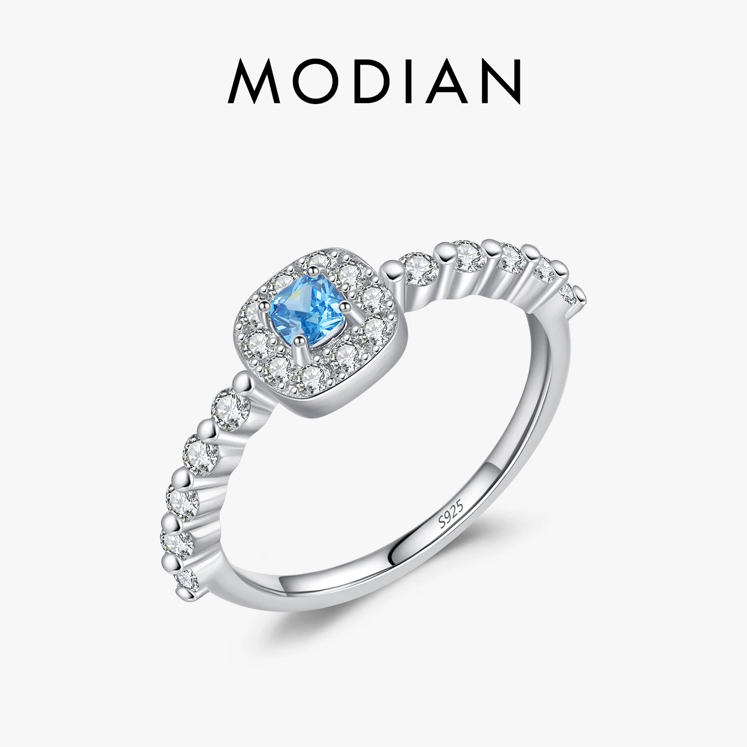 MODIAN 925 Sterling Silver Classic Sparkling Square Blue Zirconia Finger Ring Daily Party Fine Jewelry For Women Gifts