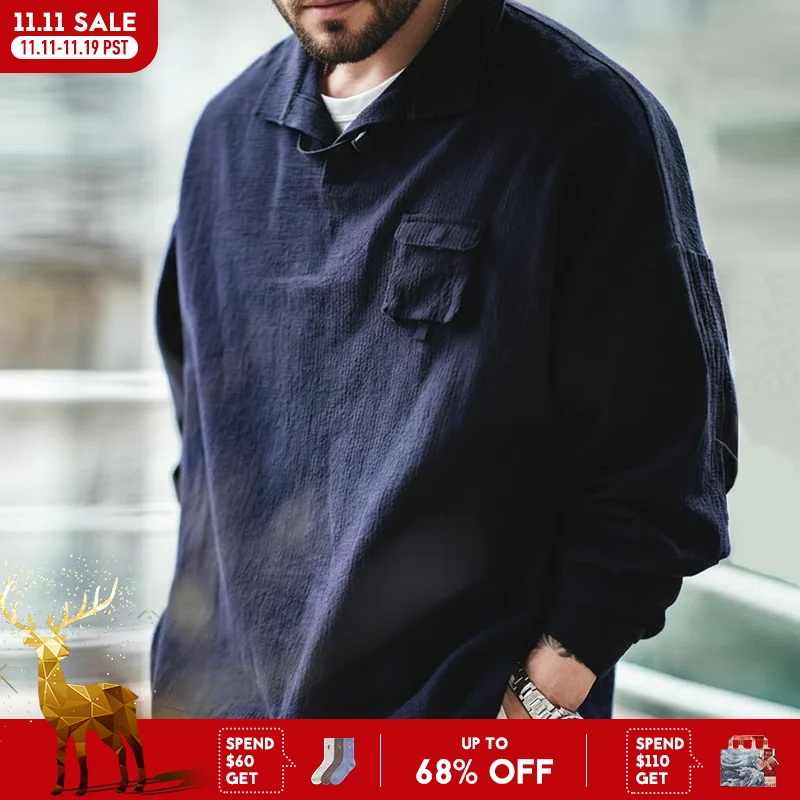 

Maden Vintage Textured Polo Shirt for Men Solid Color Turn-down Collar Cotton Long-sleeved Shirts Fall Dark Blue Loose Pullover